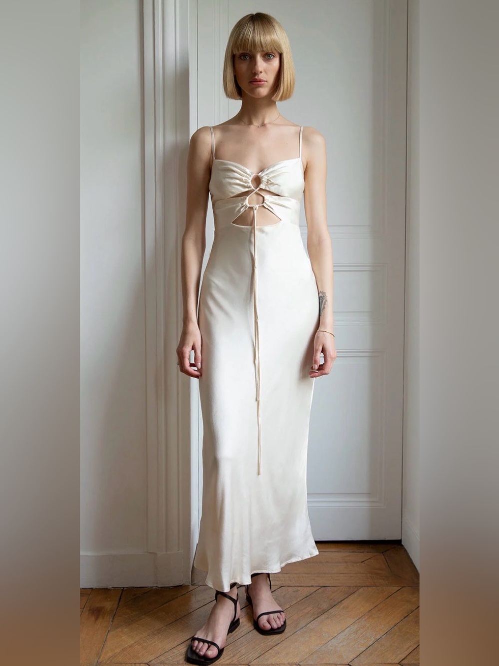 Pixie Market Ivory Satin Keyhole Slip Maxi Dress XS Coquette 90s